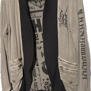 Women’s Gray and Black Crashed and Burn cardigan with rhinestone details
